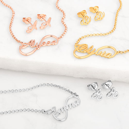 Script Name Infinity Necklace and Initial Earring Set
