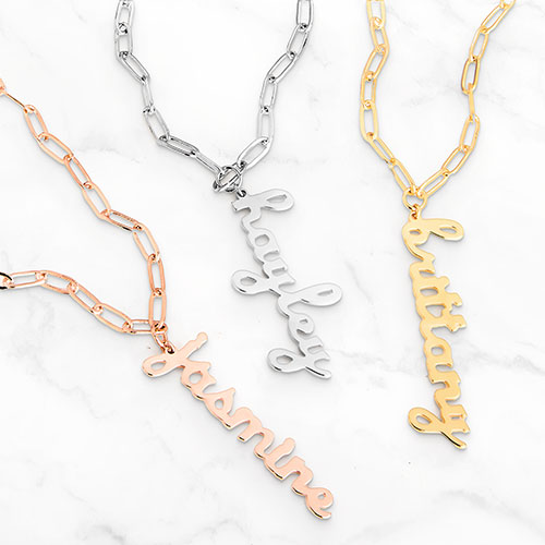  Lowercase Script Vertical Name Paperclip Chain Necklace