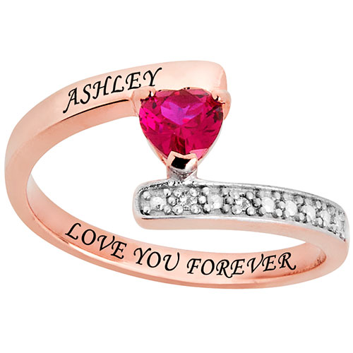 14K Rose Gold over Sterling Heart Birthstone Bypass Diamond Accent Ring