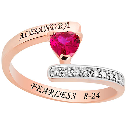 Women's 14K Rose Gold over Sterling Heart Birthstone Bypass Diamond Accent Class Ring