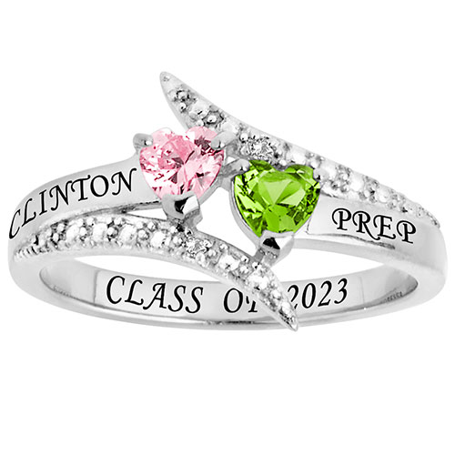 Silver Plated Double Heart Birthstone Bypass Diamond Accent Class Ring