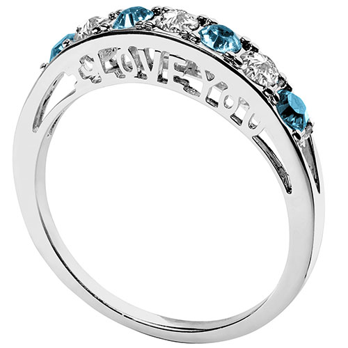 Silver Plated I LOVE YOU Simulated Blue Topaz and Clear Crystal Ring