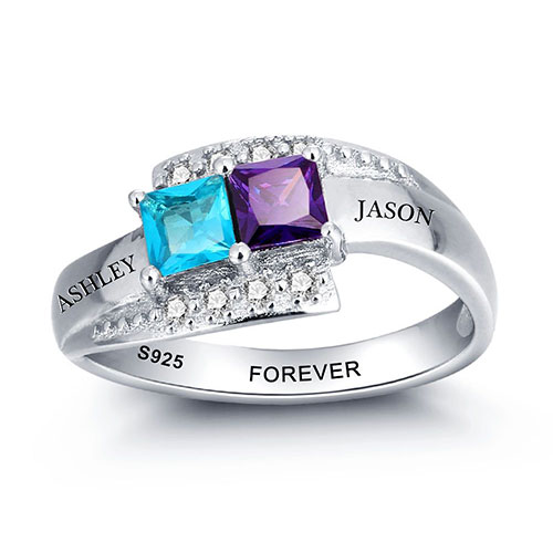 Sterling Silver Engraved Double Square Birthstone and CZ Ring