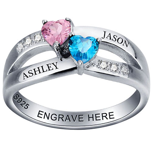 Sterling Silver Engraved Double Heart Birthstone and CZ Ring
