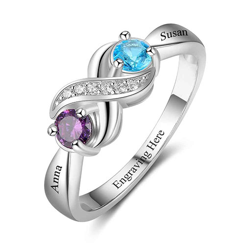 Sterling Silver Engraved Double Birthstone Infinity CZ Ring
