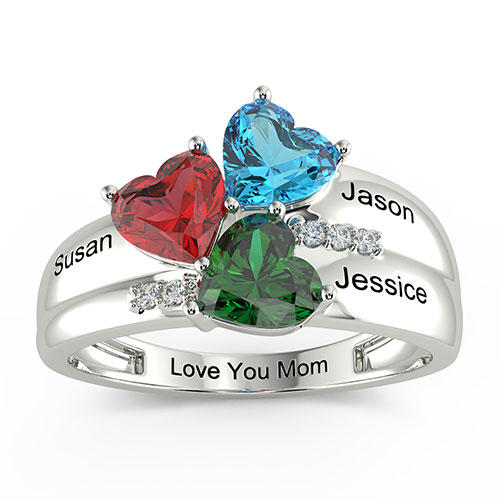 Sterling Silver Engraved Heart Birthstone 3-Stone Family Ring