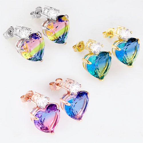 Iridescent Heart Stone with CZ Accent Button Earrings