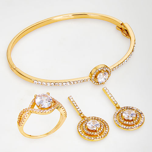 Goldtone CZ Dangle Earrings,  Ring, and Cuff Bracelet Set