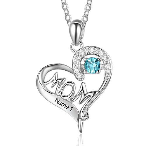 Sterling Silver Engraved Birthstone MOM CZ Accent Heart Necklace