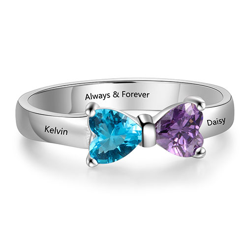 Sterling Silver Engraved Double Birthstone Heart Ring 