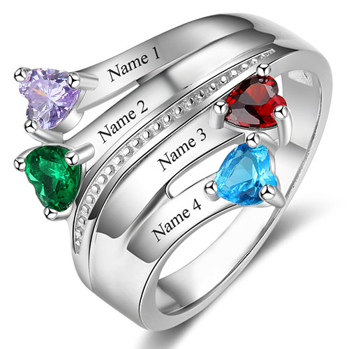 Sterling Silver Heart Birthstone Family Name Bypass Ring 