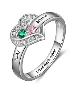 Silver Plated CZ Heart Engraved 2 Birthstones Ring