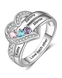 Silver Plated CZ Heart Engraved 3 Birthstones Ring