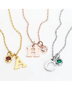 Sterling Silver Initial Charm and Birthstone Cluster Necklace