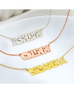 Sterling Silver Uppercase Name with Cutout Hearts Plaque Necklace