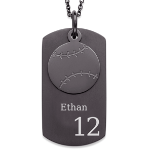 Black Stainless Steel Baseball Engraved Tag Necklace