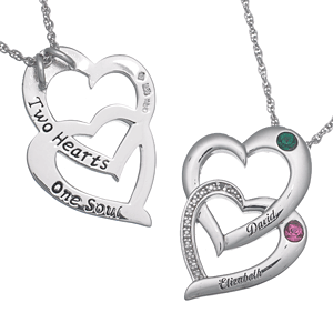 Couples Name & Birthstone Entwined Hearts Diamond Necklace