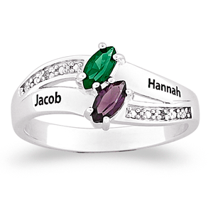 Sterling Silver Couples Name & Marquise Birthstone Diamond Ring