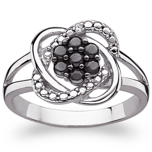 Sterling Silver Black and White Flower Ring with Diamond Accent