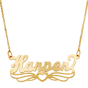 Gold over Sterling Script Name with Fancy Heart Tail Necklace