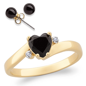 Gold Plated Onyx Heart Ring & CZ Accent with Onyx Earrings