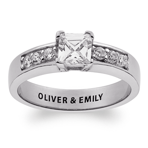Sterling Silver Square White Topaz Engraved Wedding Ring